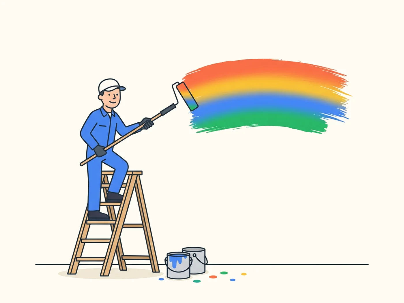 Caricatura de un pintor subido a una escalera pintando un trazo arcoíris en una pared